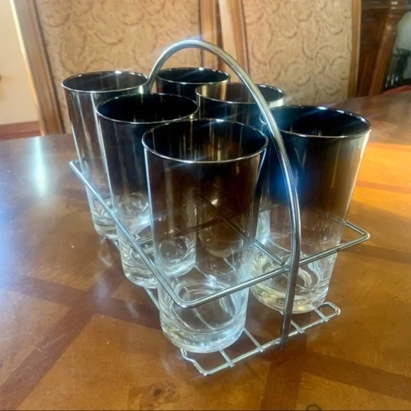 Vintage 50’s Queens Lustreware MCM Gray Silver Fade Ombré Glass Set With Caddy